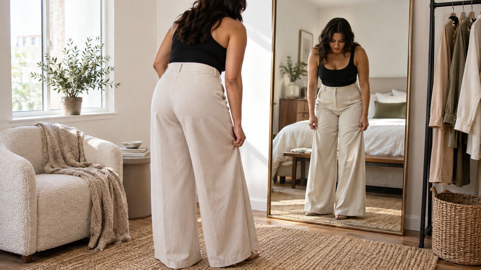 A person adjusting the proportions of a simple everyday outfit