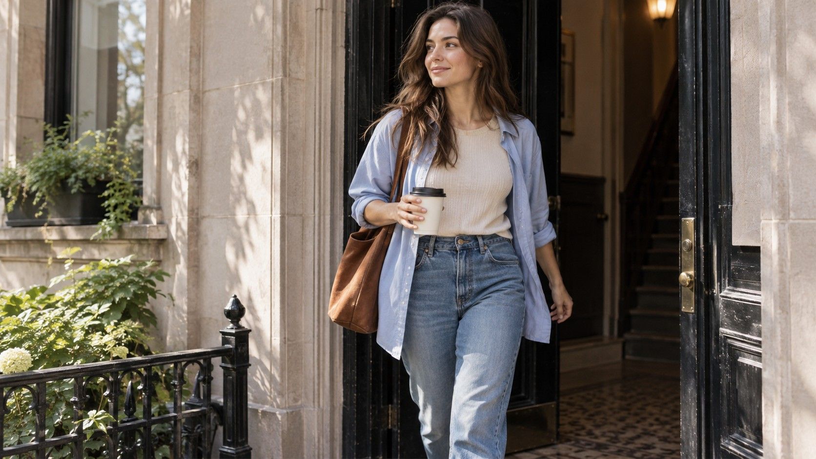 Everyday casual outfit with layers and comfortable shoes