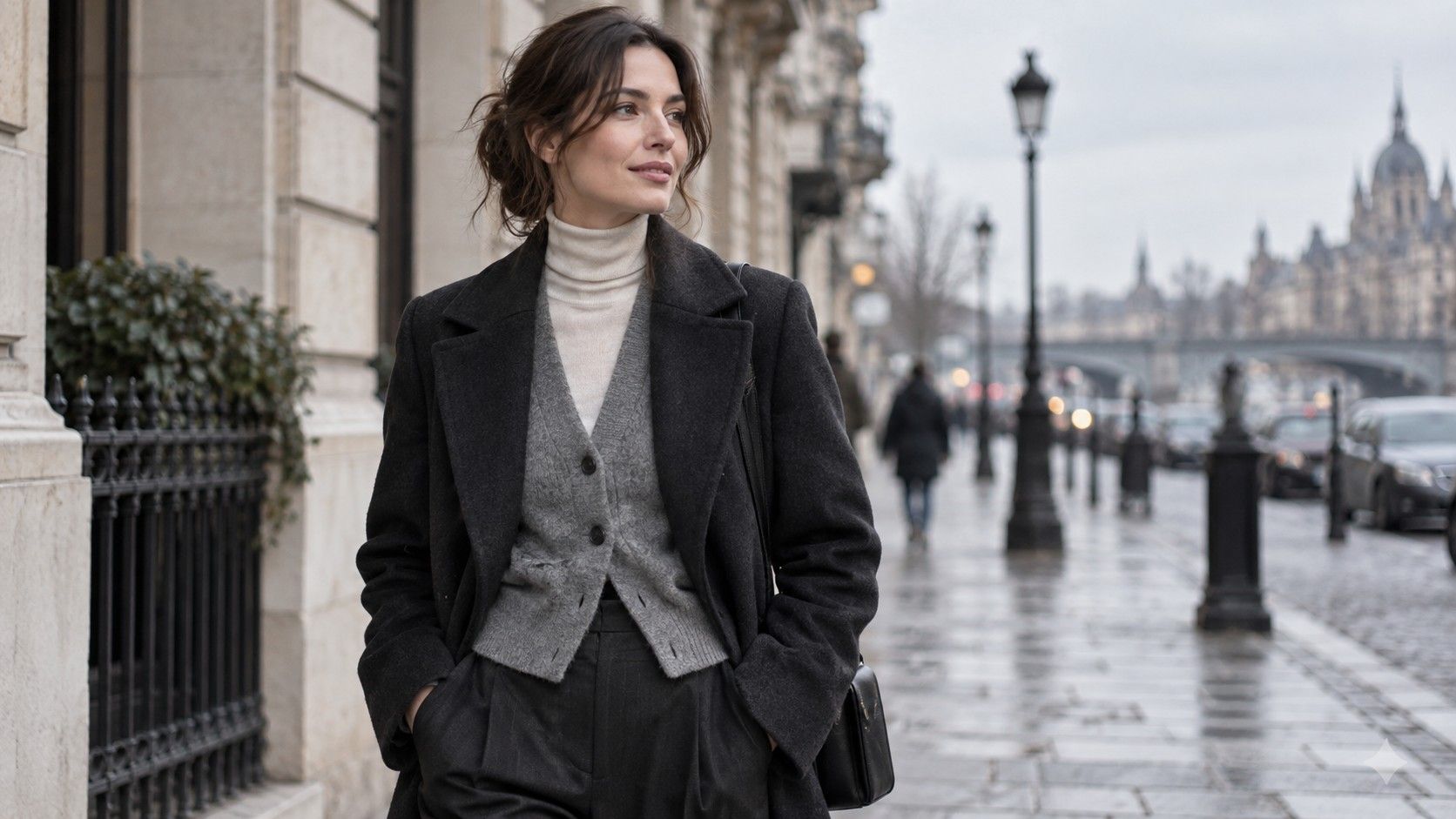 A light layered outfit with knitwear and a structured coat