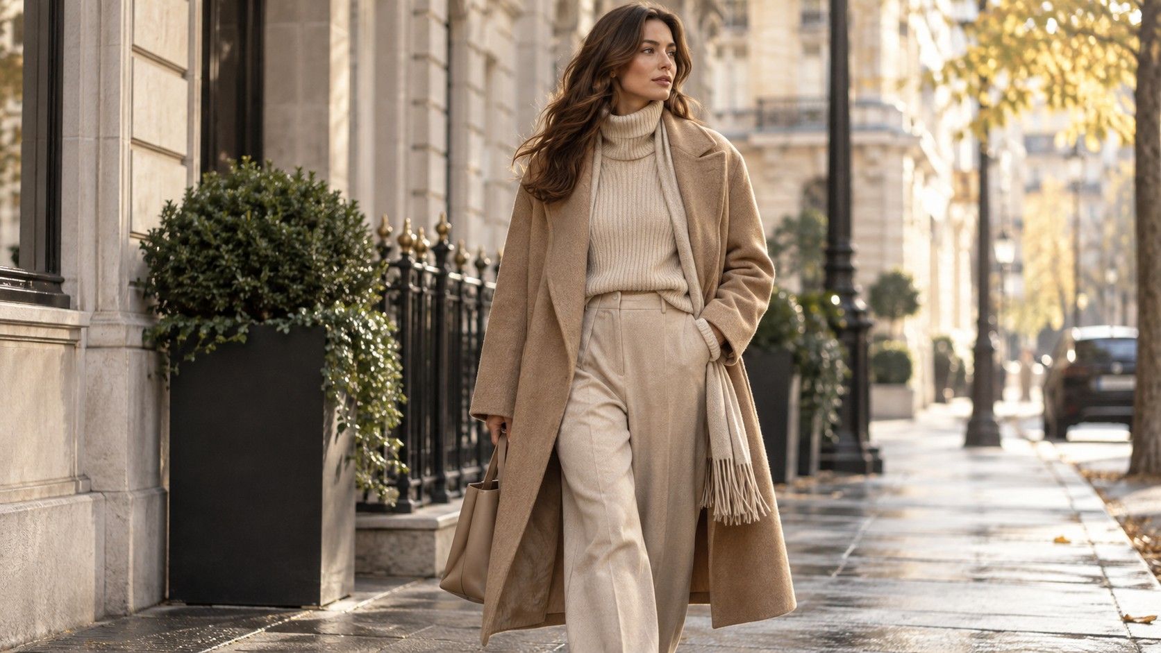 A tonal cream outfit styled with contrasting textures