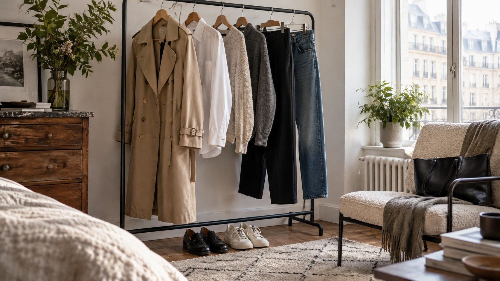 Coordinated wardrobe essentials on a clothing rail