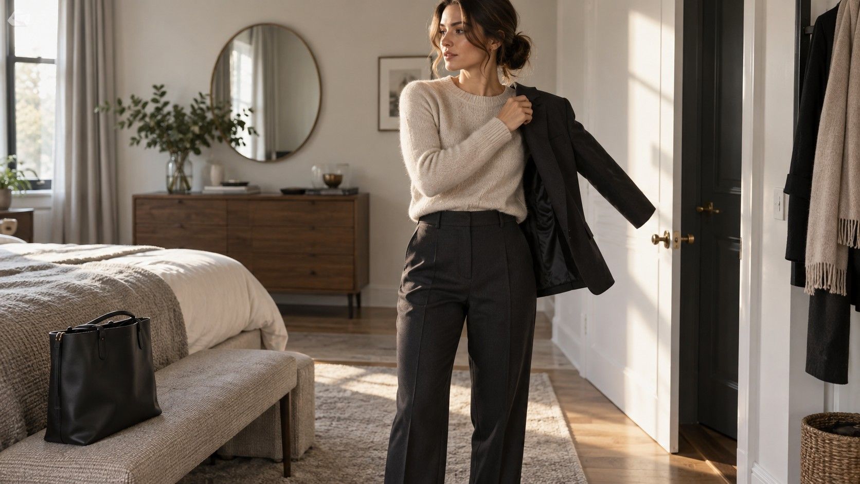 Versatile work outfits arranged for a weekday wardrobe